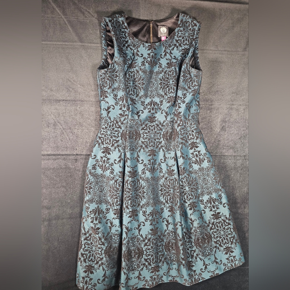 Vince Camuto Teal & Black Brocade fit and flare dress size 10